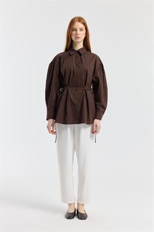 D Tokalı Balon Kol Poplin Gömlek - Acı kahve