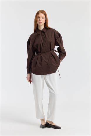 D Tokalı Balon Kol Poplin Gömlek - Acı kahve