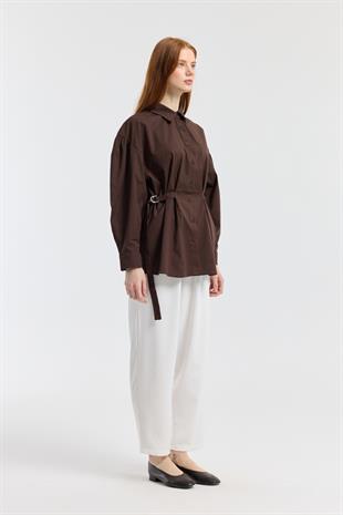 D Tokalı Balon Kol Poplin Gömlek - Acı kahve