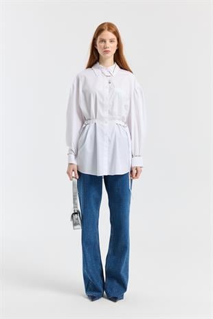 D Tokalı Balon Kol Poplin Gömlek - Beyaz