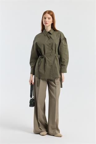 D Tokalı Balon Kol Poplin Gömlek - Haki 