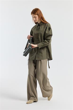 D Tokalı Balon Kol Poplin Gömlek - Haki 