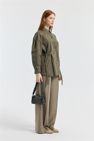 D Tokalı Balon Kol Poplin Gömlek - Haki 