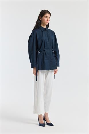 D Tokalı Balon Kol Poplin Gömlek - Lacivert