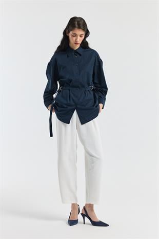 D Tokalı Balon Kol Poplin Gömlek - Lacivert