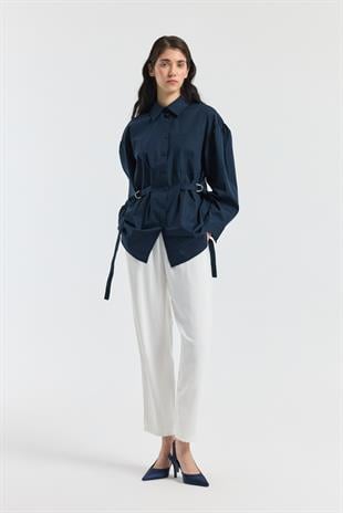 D Tokalı Balon Kol Poplin Gömlek - Lacivert