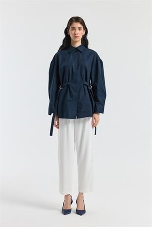 D Tokalı Balon Kol Poplin Gömlek - Lacivert