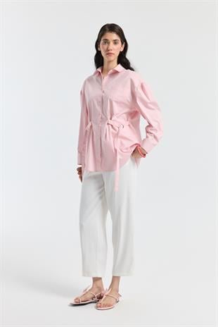 D Tokalı Balon Kol Poplin Gömlek - Pudra Pembe