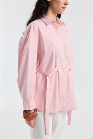 D Tokalı Balon Kol Poplin Gömlek - Pudra Pembe
