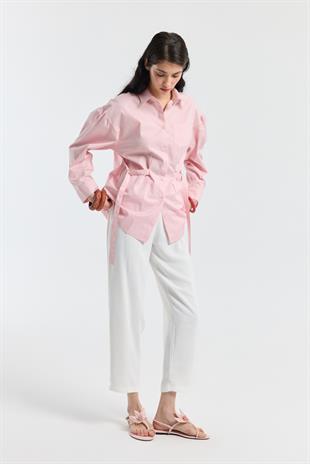 D Tokalı Balon Kol Poplin Gömlek - Pudra Pembe