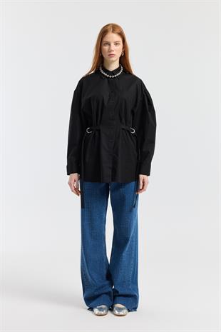 D Tokalı Balon Kol Poplin Gömlek - Siyah