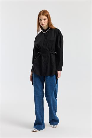 D Tokalı Balon Kol Poplin Gömlek - Siyah
