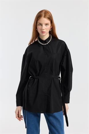 D Tokalı Balon Kol Poplin Gömlek - Siyah