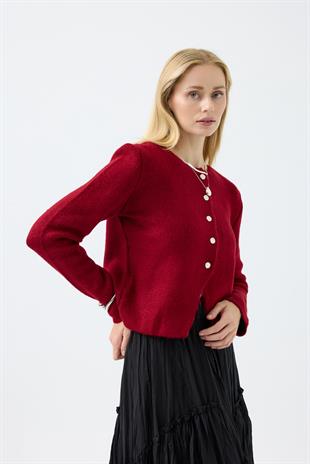 Dahlia Gümüş Düğmeli Hırka - Kırmızı 