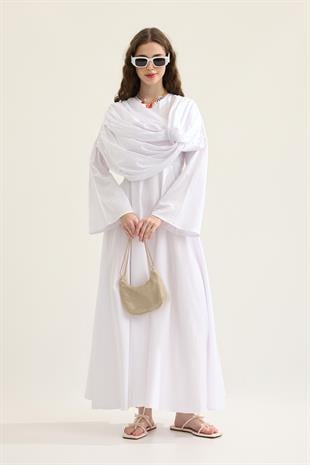Daisy Drapeli Kloş Poplin Elbise - Beyaz