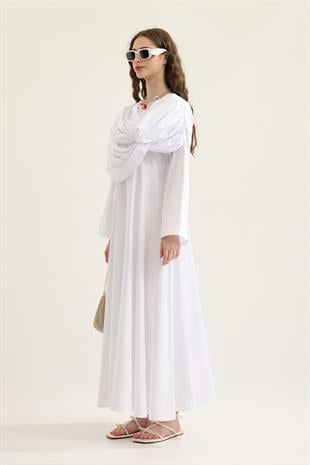 Daisy Drapeli Kloş Poplin Elbise - Beyaz