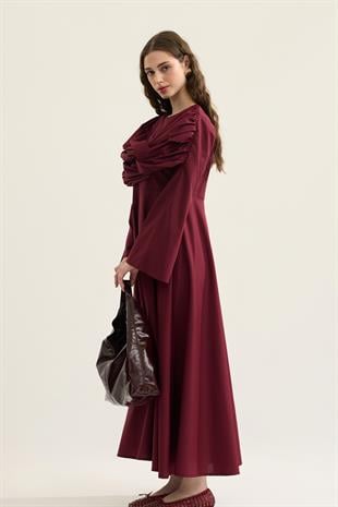 Daisy Drapeli Kloş Poplin Elbise - Bordo