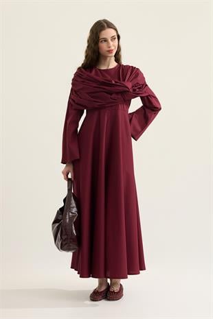 Daisy Drapeli Kloş Poplin Elbise - Bordo