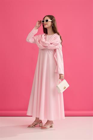 Daisy Drapeli Kloş Poplin Elbise - Pembe