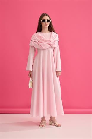 Daisy Drapeli Kloş Poplin Elbise - Pembe