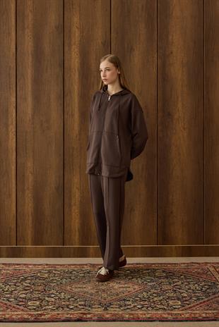 Davina Kapüşonlu Fermuarlı Takım - Kahverengi