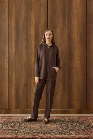 Davina Kapüşonlu Fermuarlı Takım - Kahverengi