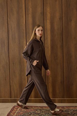 Davina Kapüşonlu Fermuarlı Takım - Kahverengi