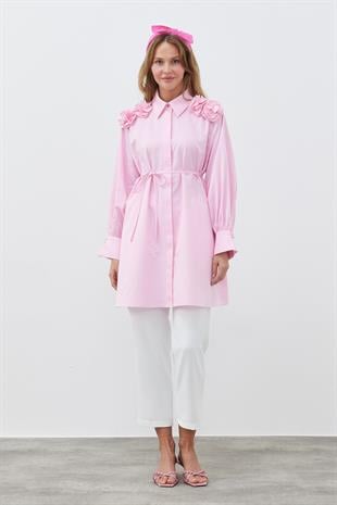 DEFNE ÇİÇEK DETAYLI GÖMLEK - PEMBE