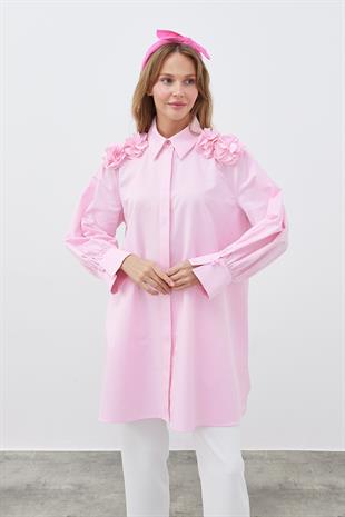 DEFNE ÇİÇEK DETAYLI GÖMLEK - PEMBE