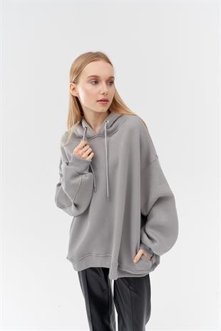 DENA ÜÇ İPLİK ŞARDONLU SWEAT - GRİ