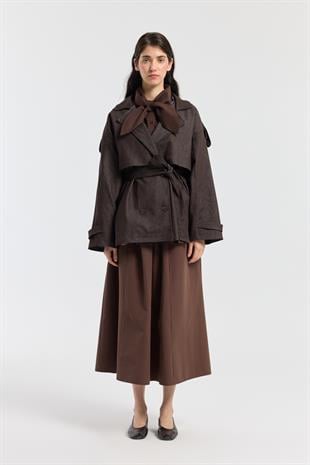 Denim Allerli Trençkot - Acı kahve