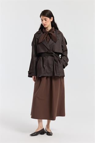 Denim Allerli Trençkot - Acı kahve