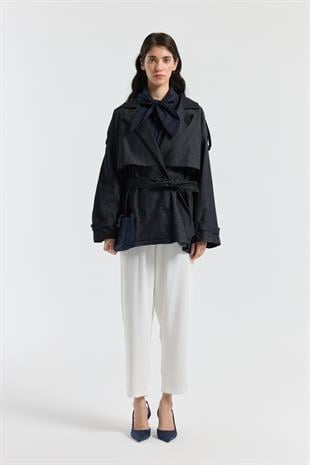 Denim Allerli Trençkot - Kot mavi