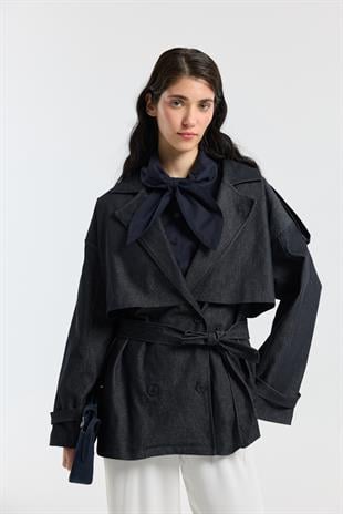 Denim Allerli Trençkot - Kot mavi