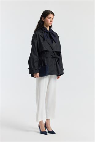 Denim Allerli Trençkot - Kot mavi