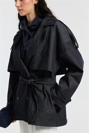 Denim Allerli Trençkot - Kot mavi