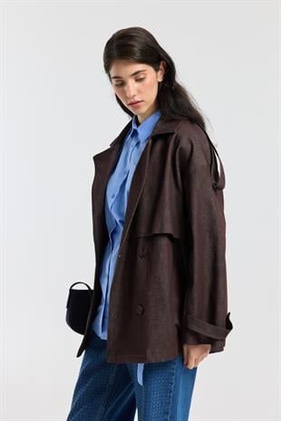 Denim Allerli Trençkot - Mürdüm 