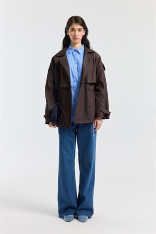 Denim Allerli Trençkot - Mürdüm 