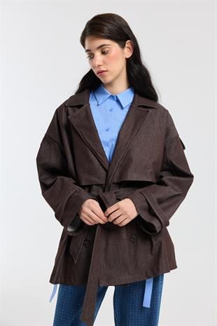 Denim Allerli Trençkot - Mürdüm 