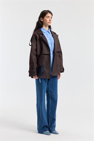 Denim Allerli Trençkot - Mürdüm 