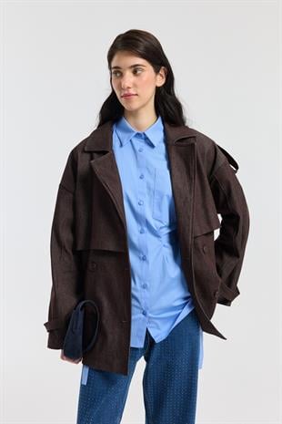 Denim Allerli Trençkot - Mürdüm 