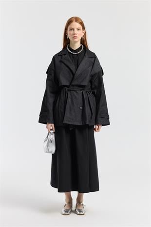 Denim Allerli Trençkot - Siyah