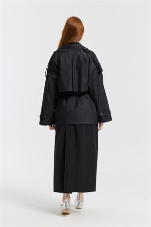 Denim Allerli Trençkot - Siyah