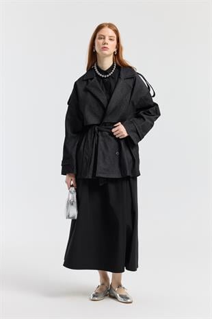 Denim Allerli Trençkot - Siyah