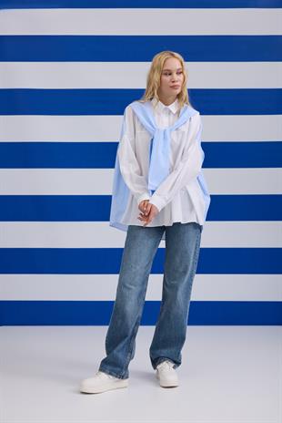 Denim Palazzo Pantolon - Taşlanmış Mavi