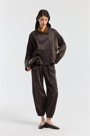 Devin Kruvaze Kapamalı Saten Takım - Acı kahve