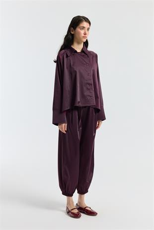 Devin Kruvaze Kapamalı Saten Takım  - Mürdüm