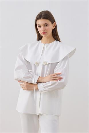 Dezzie Kol Büzgülü Tokalı Gömlek- Beyaz