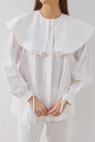 Dezzie Kol Büzgülü Tokalı Gömlek- Beyaz