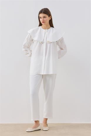 Dezzie Kol Büzgülü Tokalı Gömlek- Beyaz